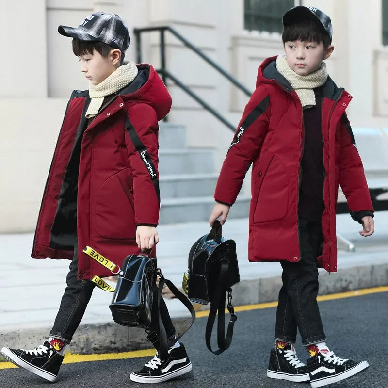 Contrast-Panel Longline Hooded Winter Coat for Boys