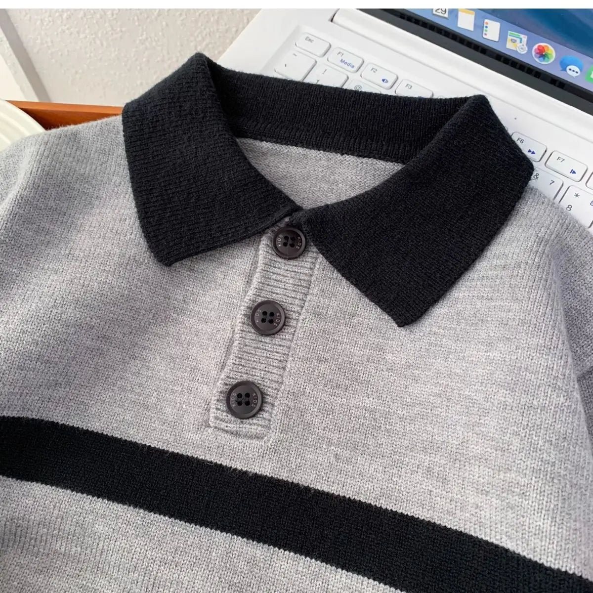 Gray & Black Striped Knit Polo Sweater for Kids