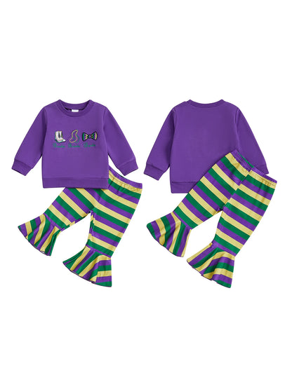 Embroidered Sweatshirt & Striped Flare Pants Set for Girls