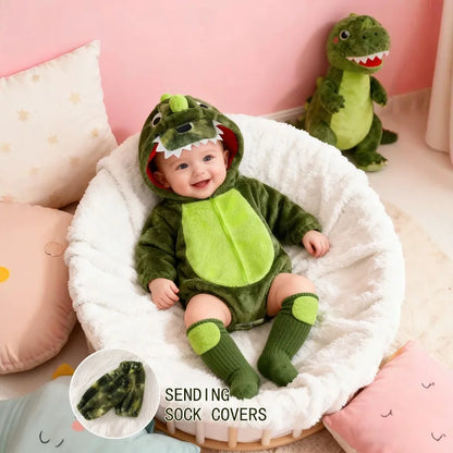 Plush Dinosaur Baby Romper with Hood & Matching Sock Covers