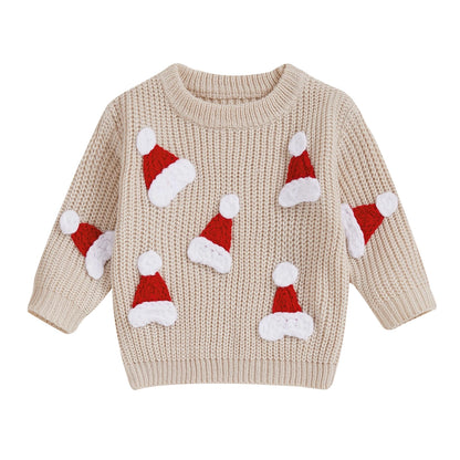 Baby Christmas Knit Sweater – Santa Hat & Tree Embroidery Crewneck (0–18 Months)