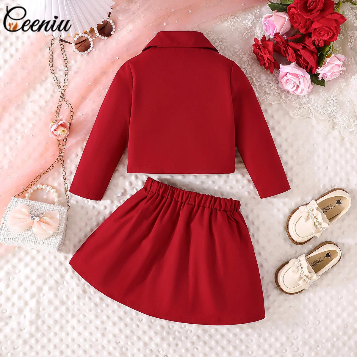 3D Rose Girls’ Blazer & Pleated Skirt Set