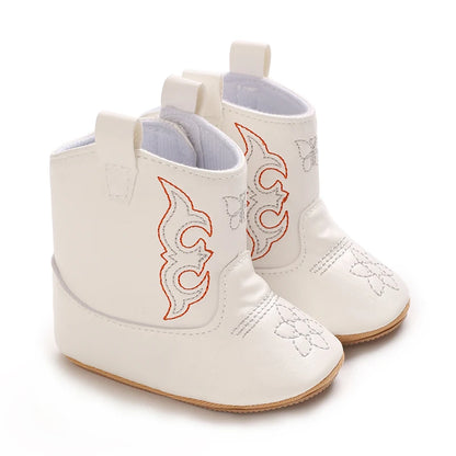 Western Floral Embroidered Baby Cowboy Boots with Soft Cotton Soles
