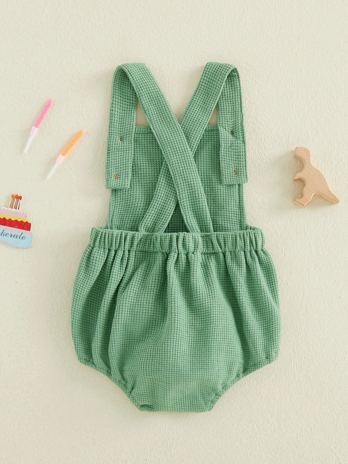 Dino Half-Birthday Waffle-Knit Overall Romper for Baby Boys