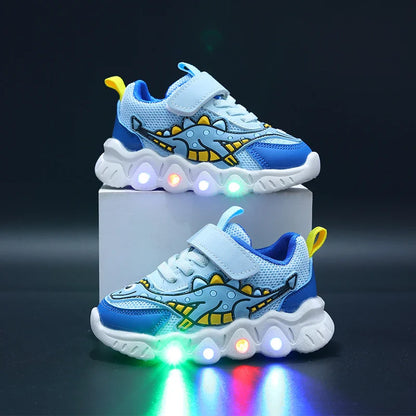 Kids Dinosaur LED Light-Up Sneakers with Hook-and-Loop Strap