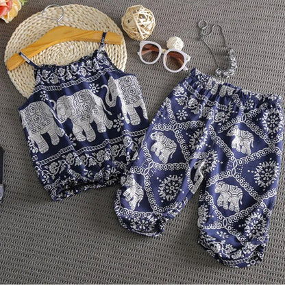 Elephant Print Sleeveless Top & Harem Pants Set for Girls