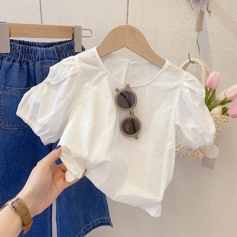Ruched Denim Vest, Puff-Sleeve Top & Wide-Leg Jeans Set for Girls