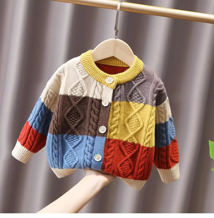 Colorblock Cable Knit Button-Up Cardigan for Kids