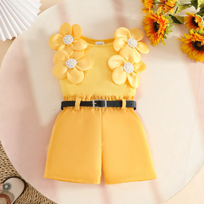 Floral Appliqué Ribbed Top & Pleated Shorts Set for Girls