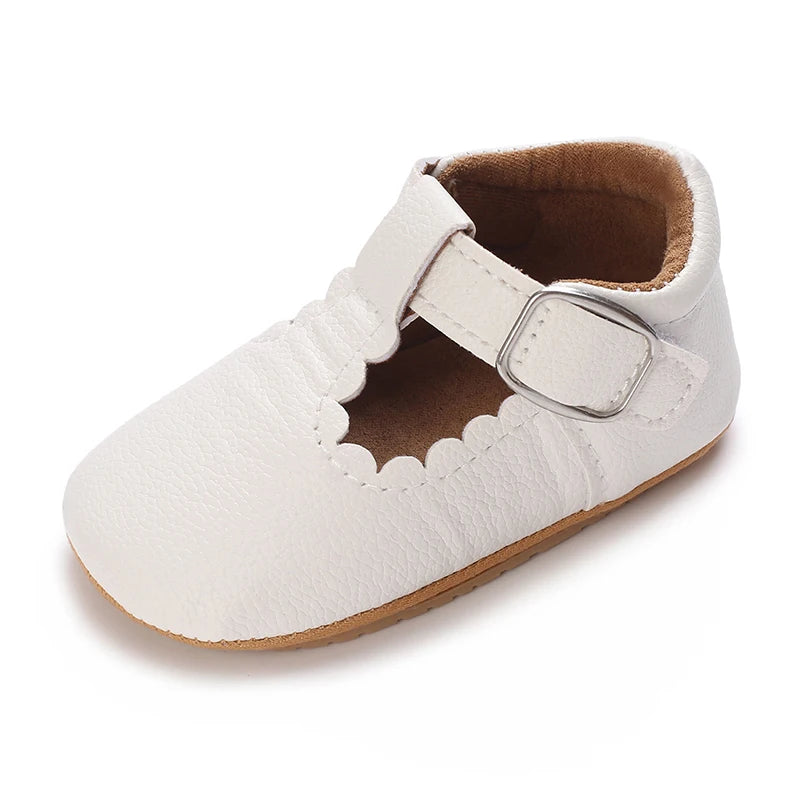 Scalloped T-Strap Baby Mary Jane Shoes with Bows & Cutout Details
