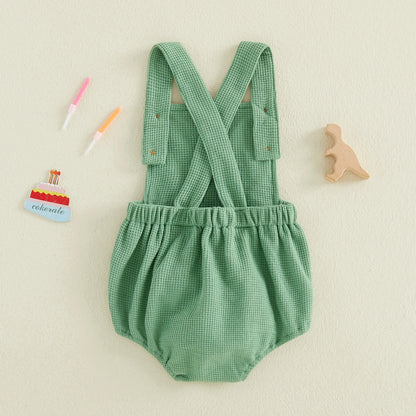 Dino Half-Birthday Waffle-Knit Overall Romper for Baby Boys