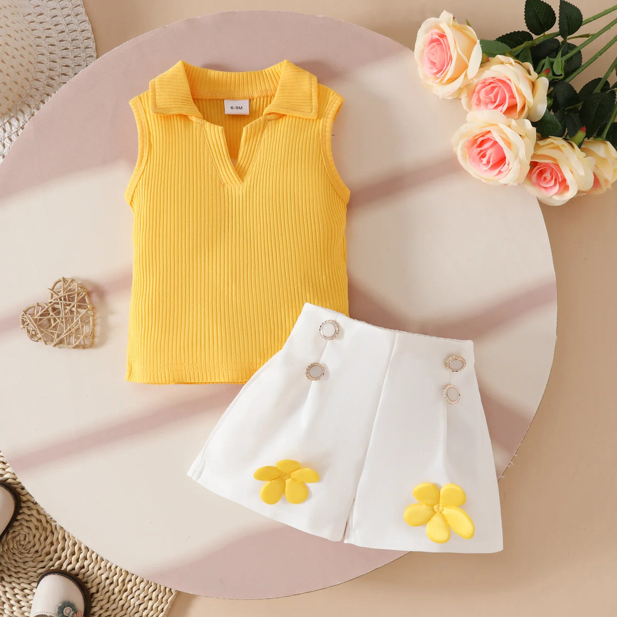 Floral Appliqué Ribbed Top & Pleated Shorts Set for Girls