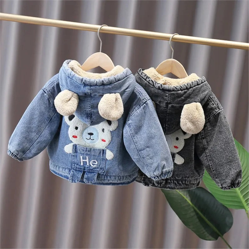 Plush Bear-Ear Fleece-Lined Denim Jacket for Babies & Toddlers