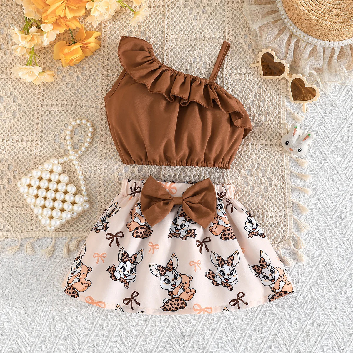 Rosette Ruffle Top & Pleated Skirt Set for Baby Girls