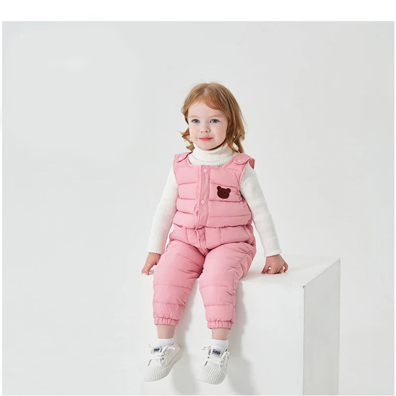 Quilted Puffer Overalls with Bear Patch for Toddlers & Kids