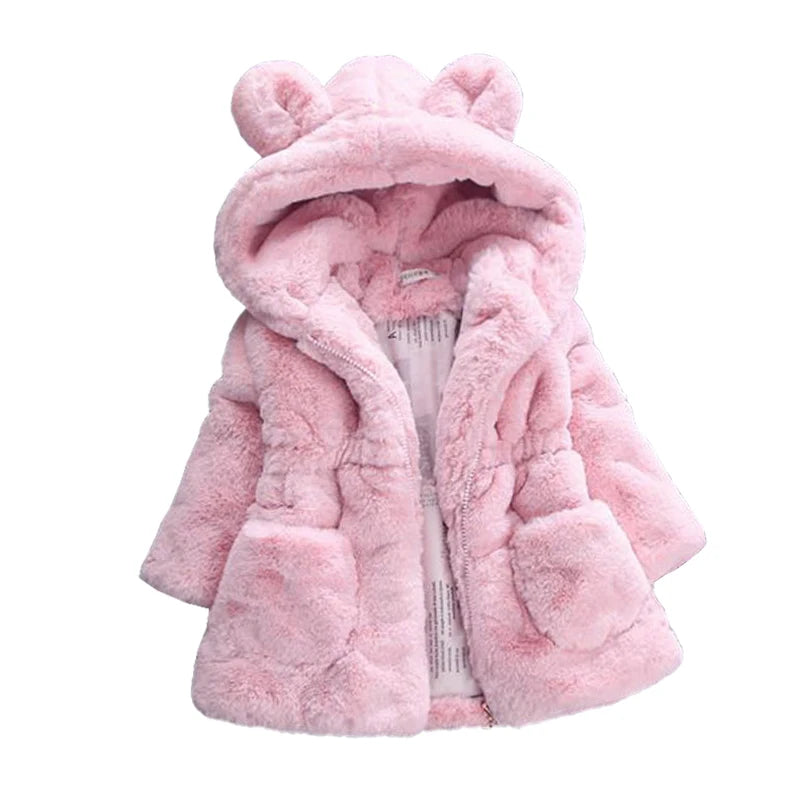 Bear-Ear Plush Hooded Winter Coat for Girls