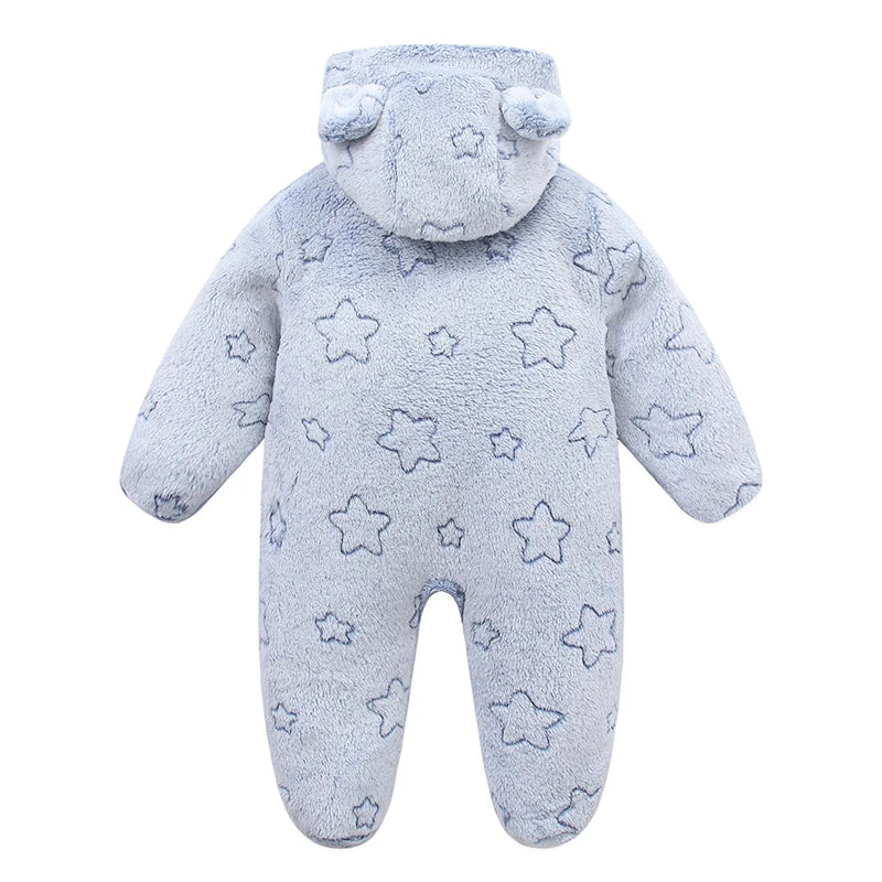 Plush Hooded Baby Jumpsuit – Cozy Flannel One-Piece with Bear Ears (0–12 Months)
