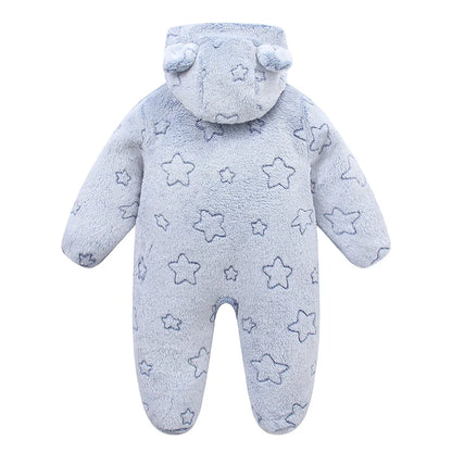 Plush Hooded Baby Jumpsuit – Cozy Flannel One-Piece with Bear Ears (0–12 Months)