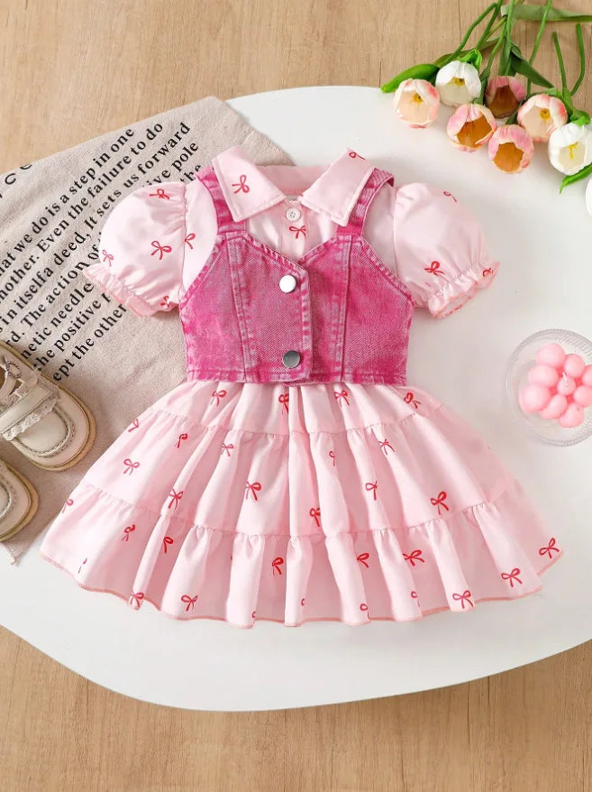 Bow-Print Tiered Dress & Cropped Denim-Look Vest Set for Baby Girls