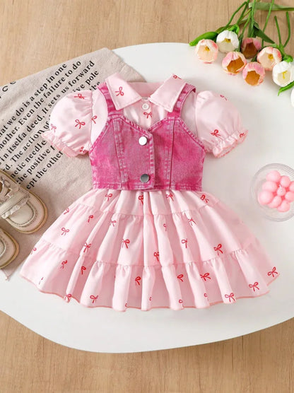 Bow-Print Tiered Dress & Cropped Denim-Look Vest Set for Baby Girls