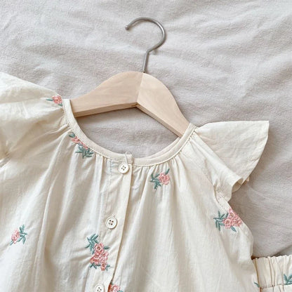 Embroidered Floral Flutter-Sleeve Top & Ruffle Shorts Set for Girls