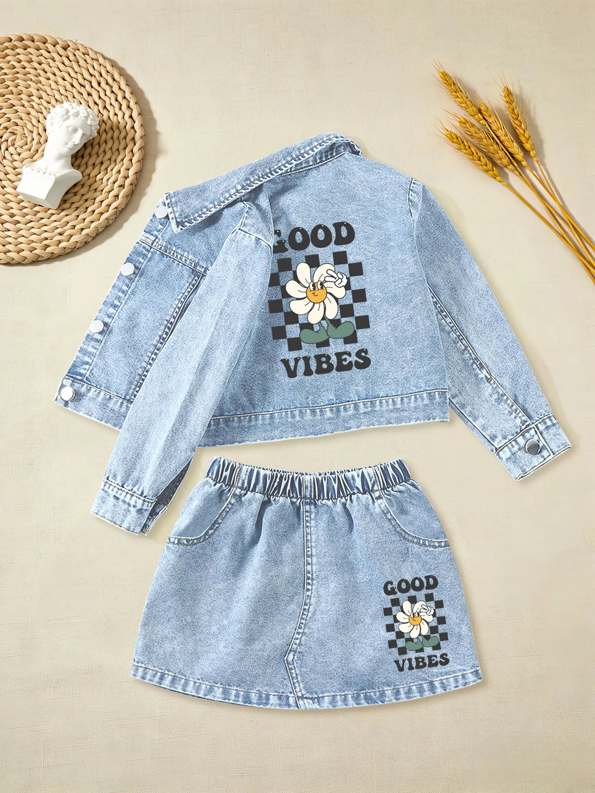 Good Vibes Daisy Denim Jacket & Skirt Set for Girls