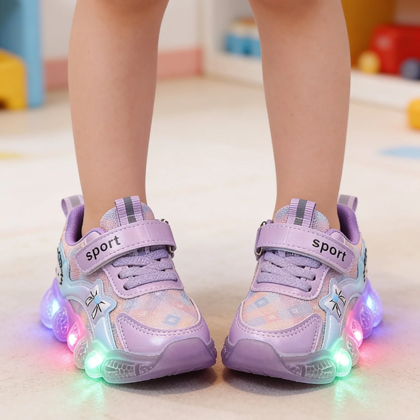 Girls Cartoon LED Light Sneakers in PU Leather
