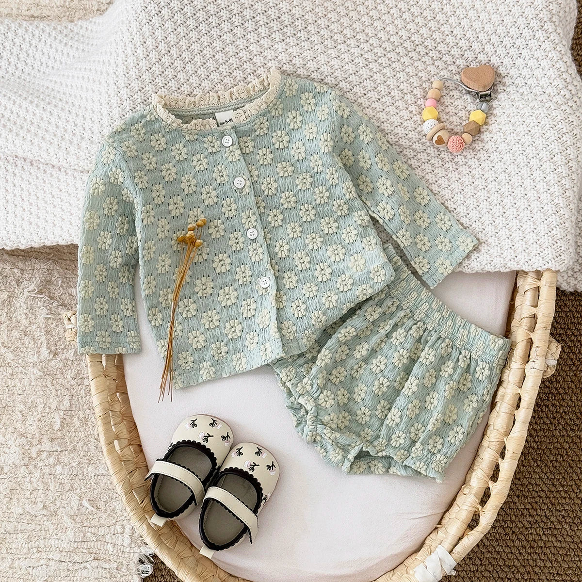 Textured Floral Button Top & Bloomer Set for Girls