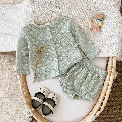 Textured Floral Button Top & Bloomer Set for Girls
