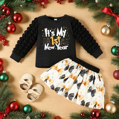 Festive Plaid Skirt & Textured Sleeve Christmas Outfit Set for Baby Girls