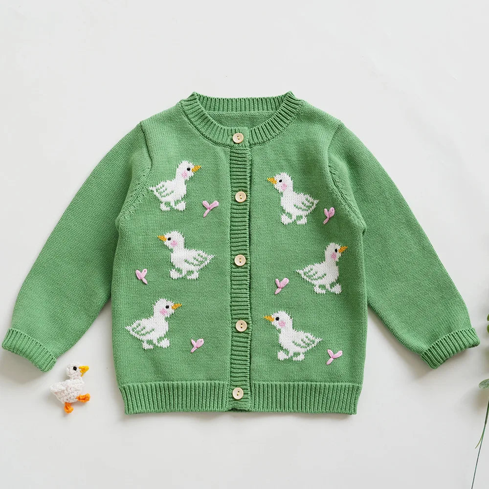 Baby & Toddler Girls Cotton Knit Cardigan (2–6 Years) – Button-Front Sweater with Duck Embroidery
