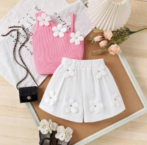 3D Daisy One-Shoulder Top & White Shorts Set for Girls