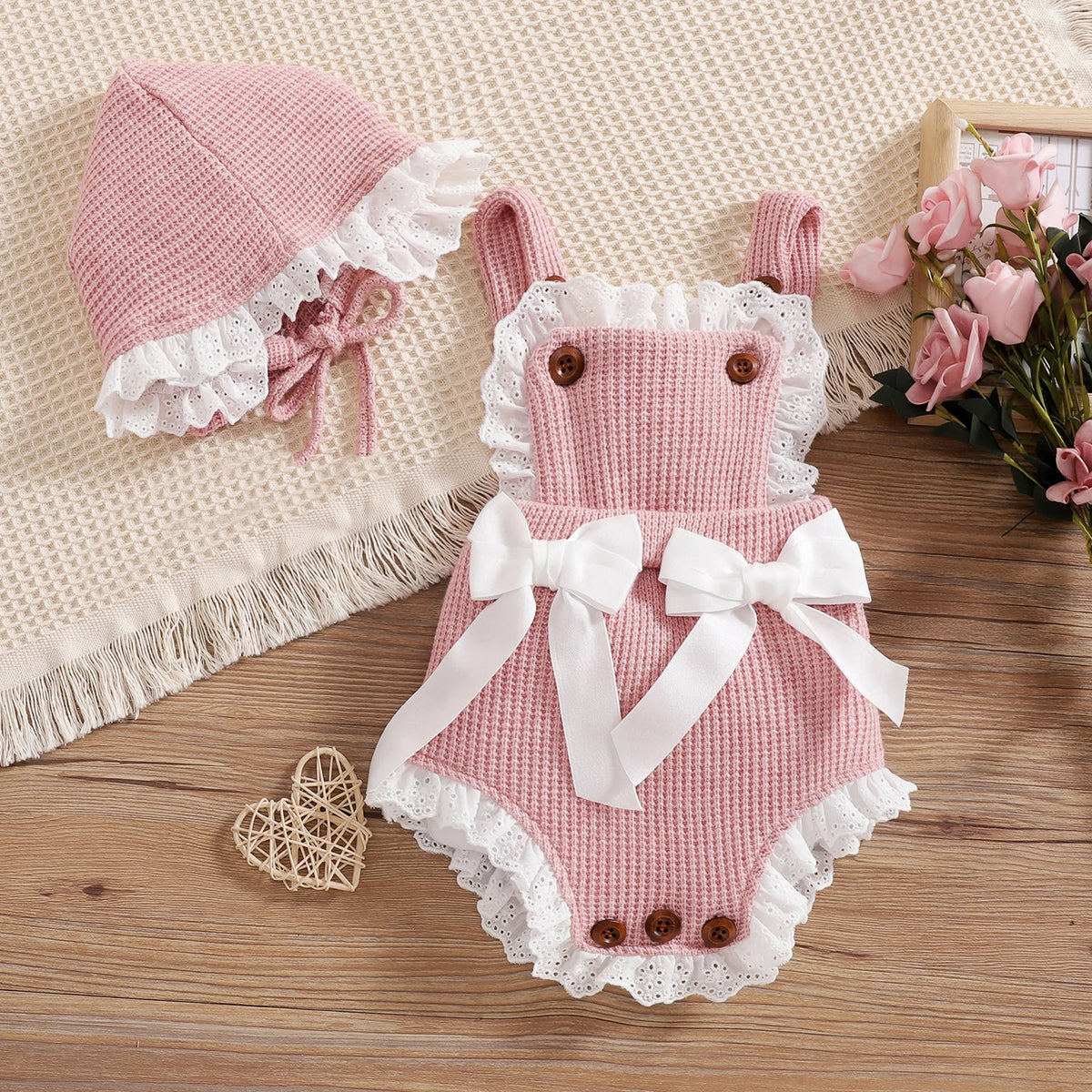 Pink Bow Ruffle Knit Baby Romper & Bonnet Set