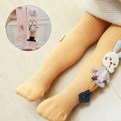 3D Bunny Appliqué Ribbed Tights for Girls