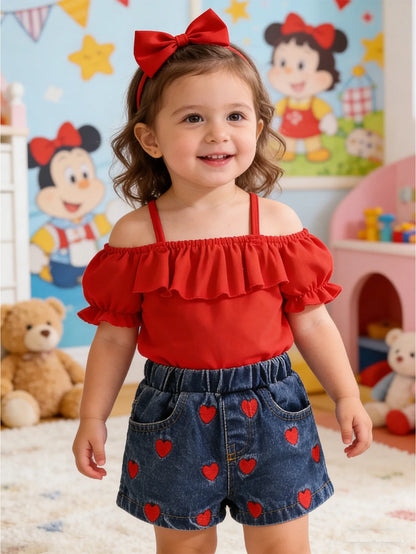 Heart & Ruffle Girls’ Summer Top and Denim Shorts Set