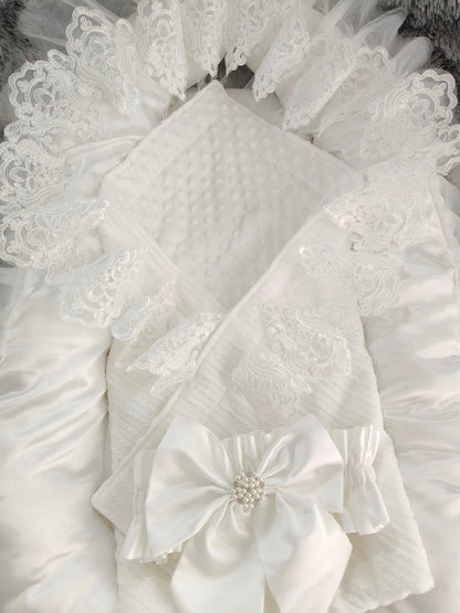 Lace-Trim Satin Baby Swaddle Blanket with Floral Bow