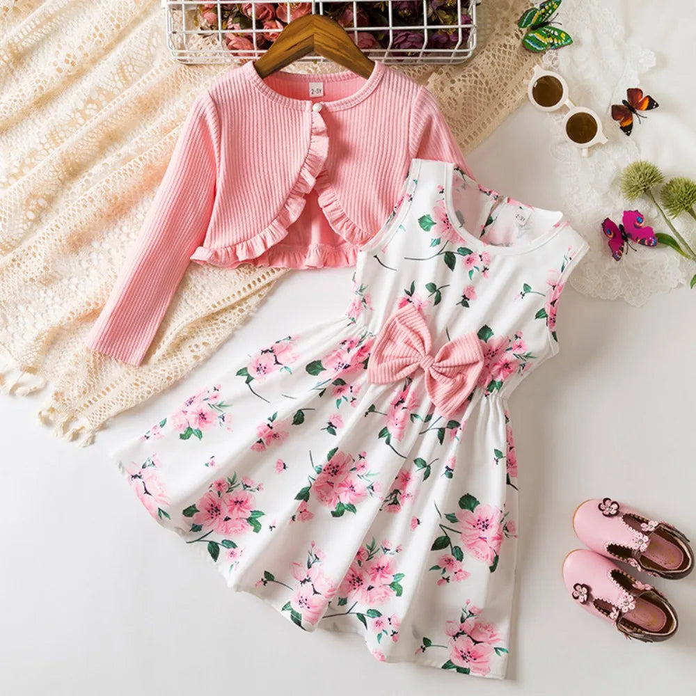 Floral Bow Dress & Ruffle-Trim Cardigan Set for Girls
