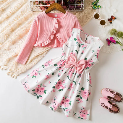 Floral Bow Dress & Ruffle-Trim Cardigan Set for Girls