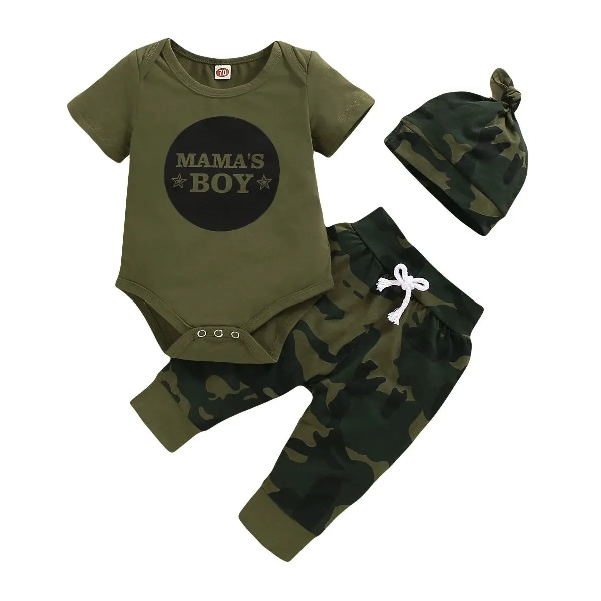 Camo “Mama’s Boy” Bodysuit, Joggers & Hat Set