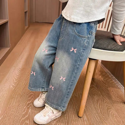 Pink Bow Wide-Leg Denim Jeans for Girls