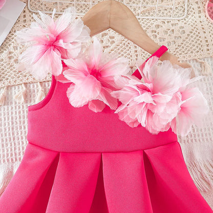 Flower-Shoulder A-Line Party Dress for Girls