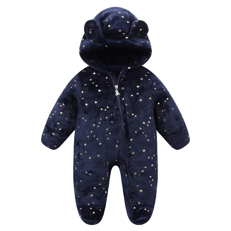 Plush Hooded Baby Jumpsuit – Cozy Flannel One-Piece with Bear Ears (0–12 Months)