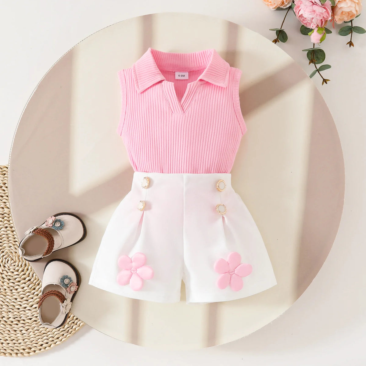 Floral Appliqué Ribbed Top & Pleated Shorts Set for Girls