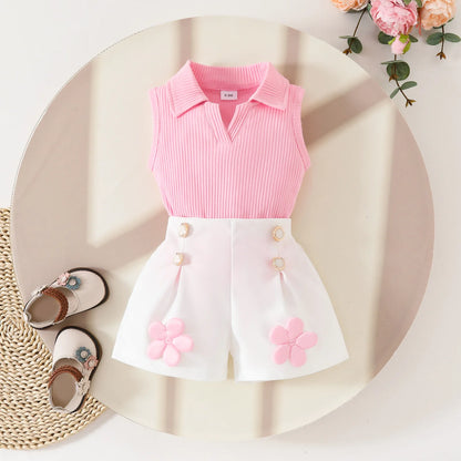 Floral Appliqué Ribbed Top & Pleated Shorts Set for Girls