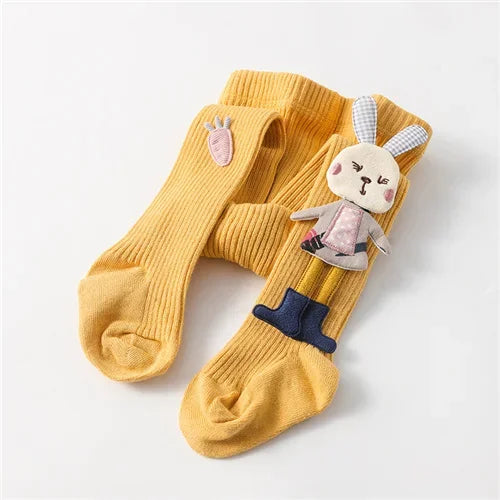 3D Bunny Appliqué Ribbed Tights for Girls