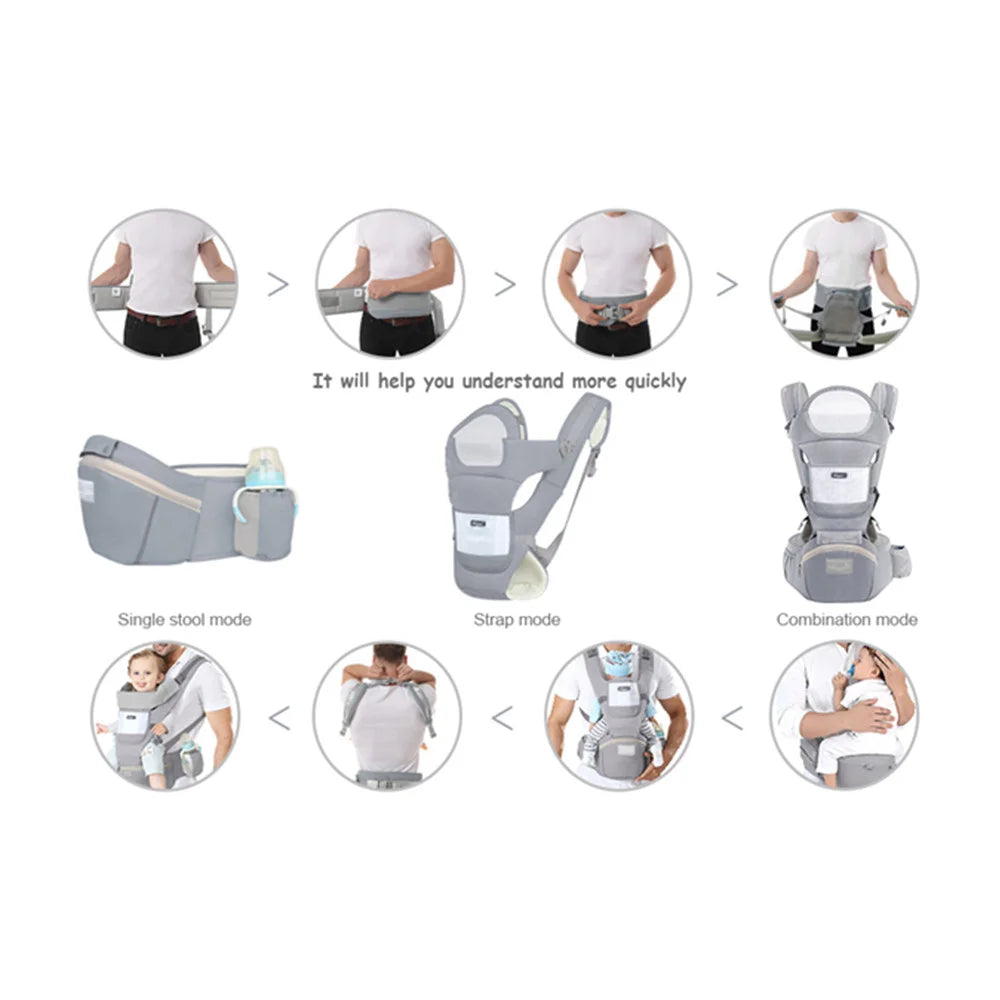 Breathable Mesh Baby Carrier with Hip Seat & Storage Pockets