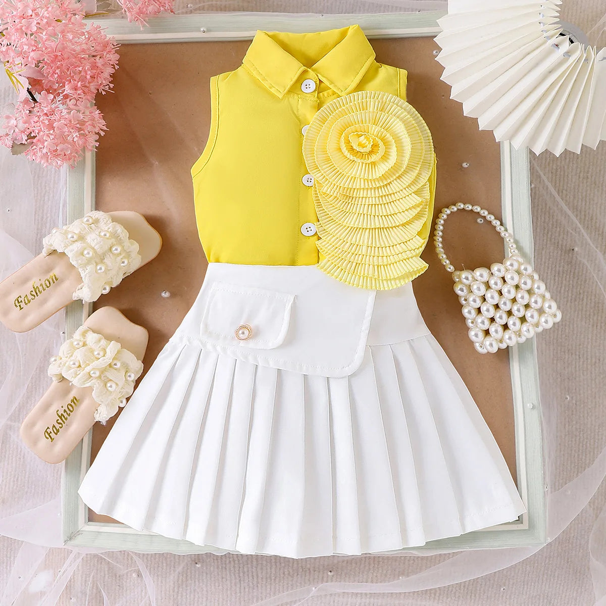 Rosette Ruffle Top & Pleated Skirt Set for Baby Girls