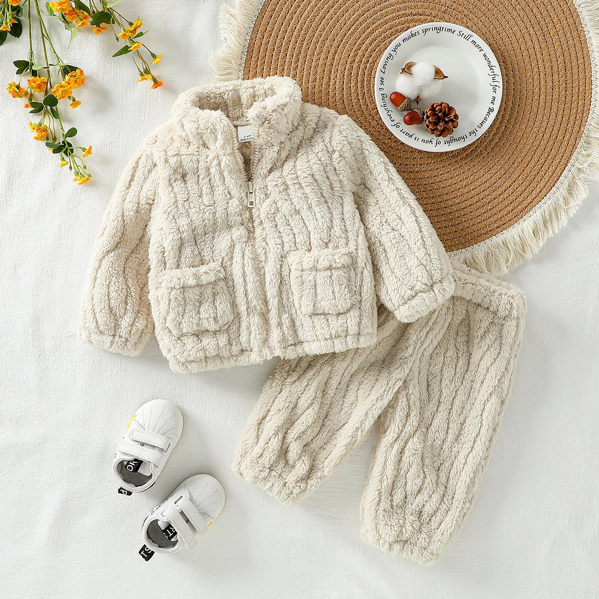 Plush Cable-Texture Jacket & Pants Set for Babies
