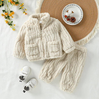 Plush Cable-Texture Jacket & Pants Set for Babies