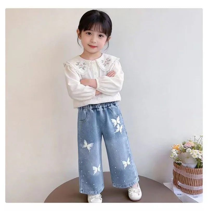 Butterfly & Bow Wide-Leg Denim Pants for Girls
